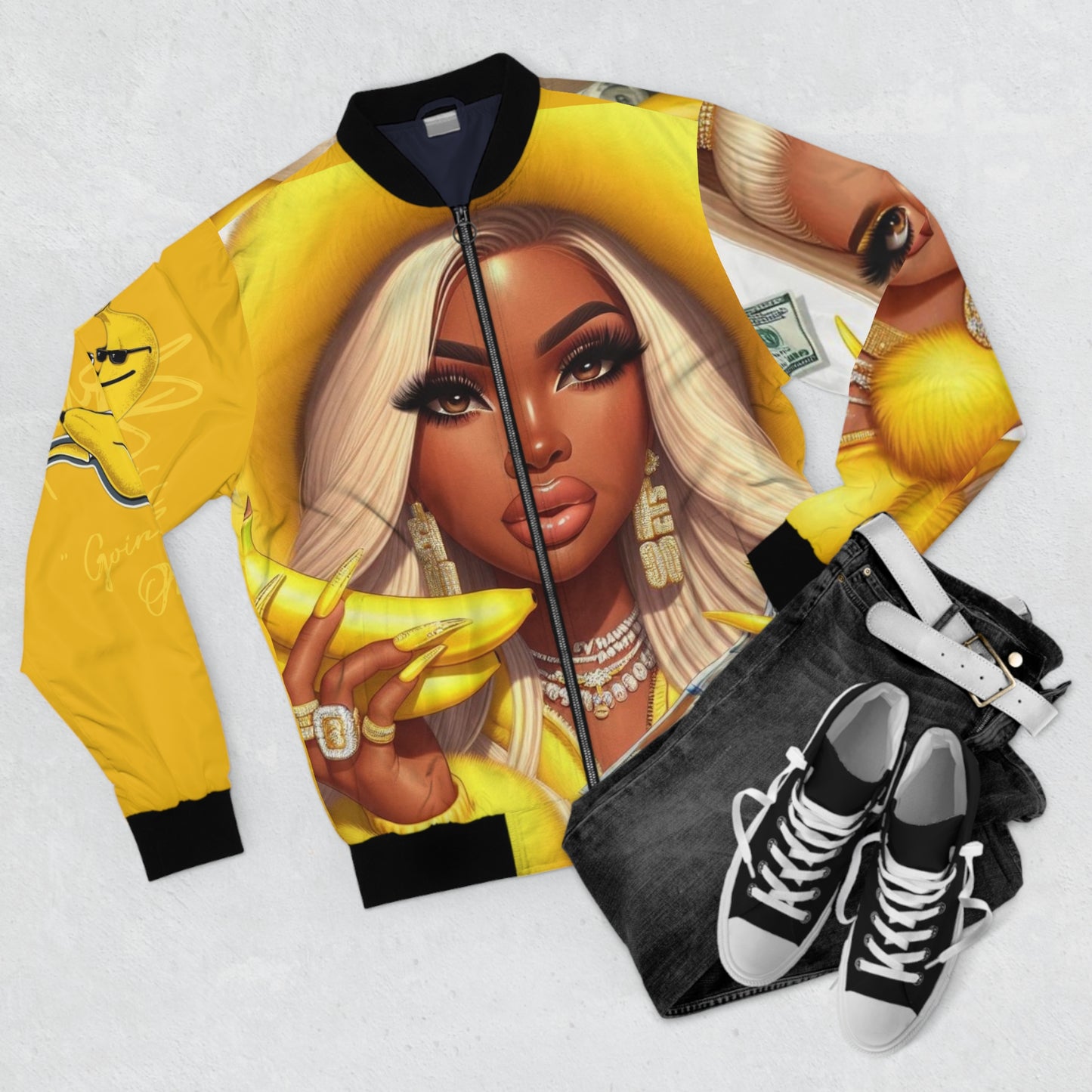 Men's Bomber Jacket (AOP)yellow and bossy