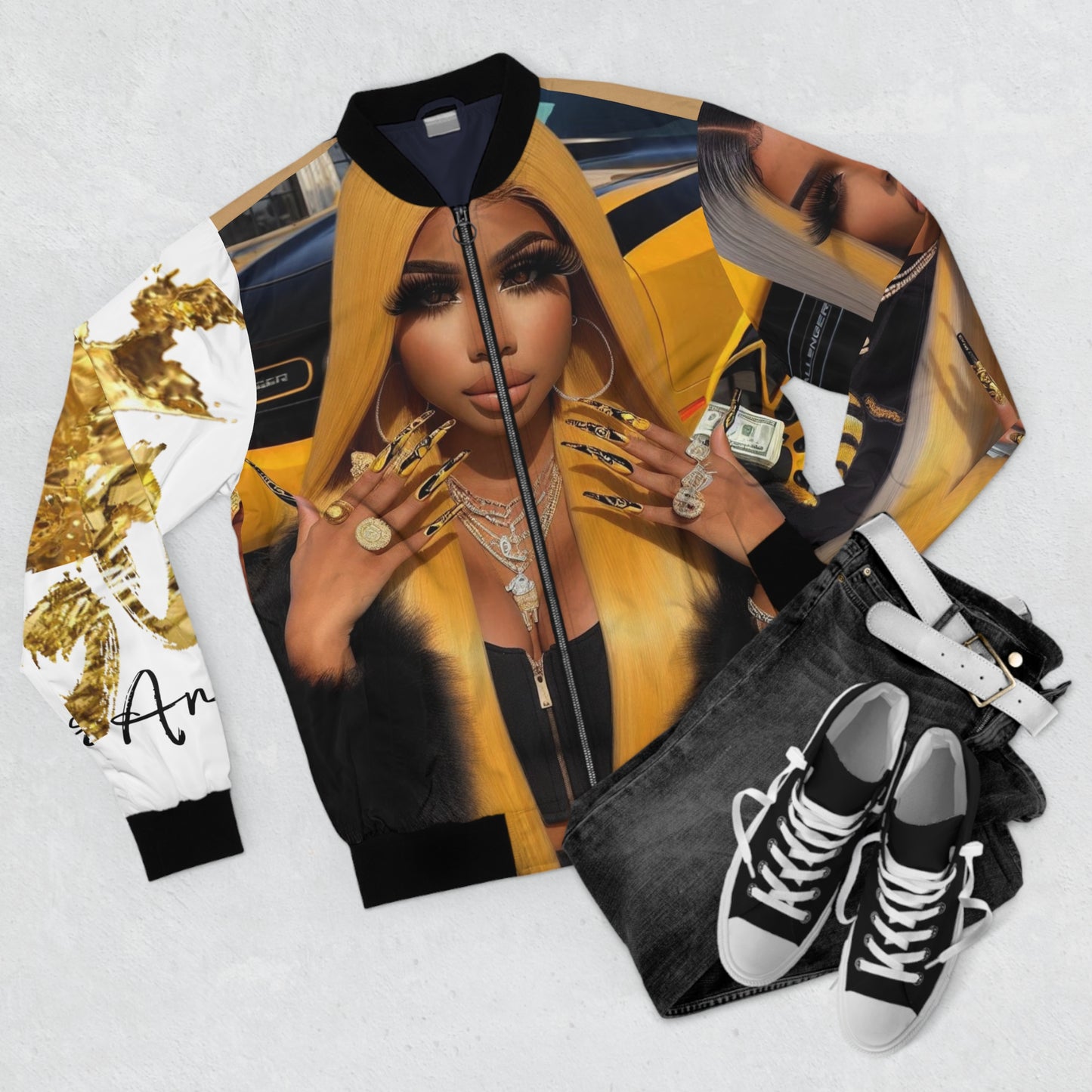 Men's Bomber Jacket (AOP) black and gold