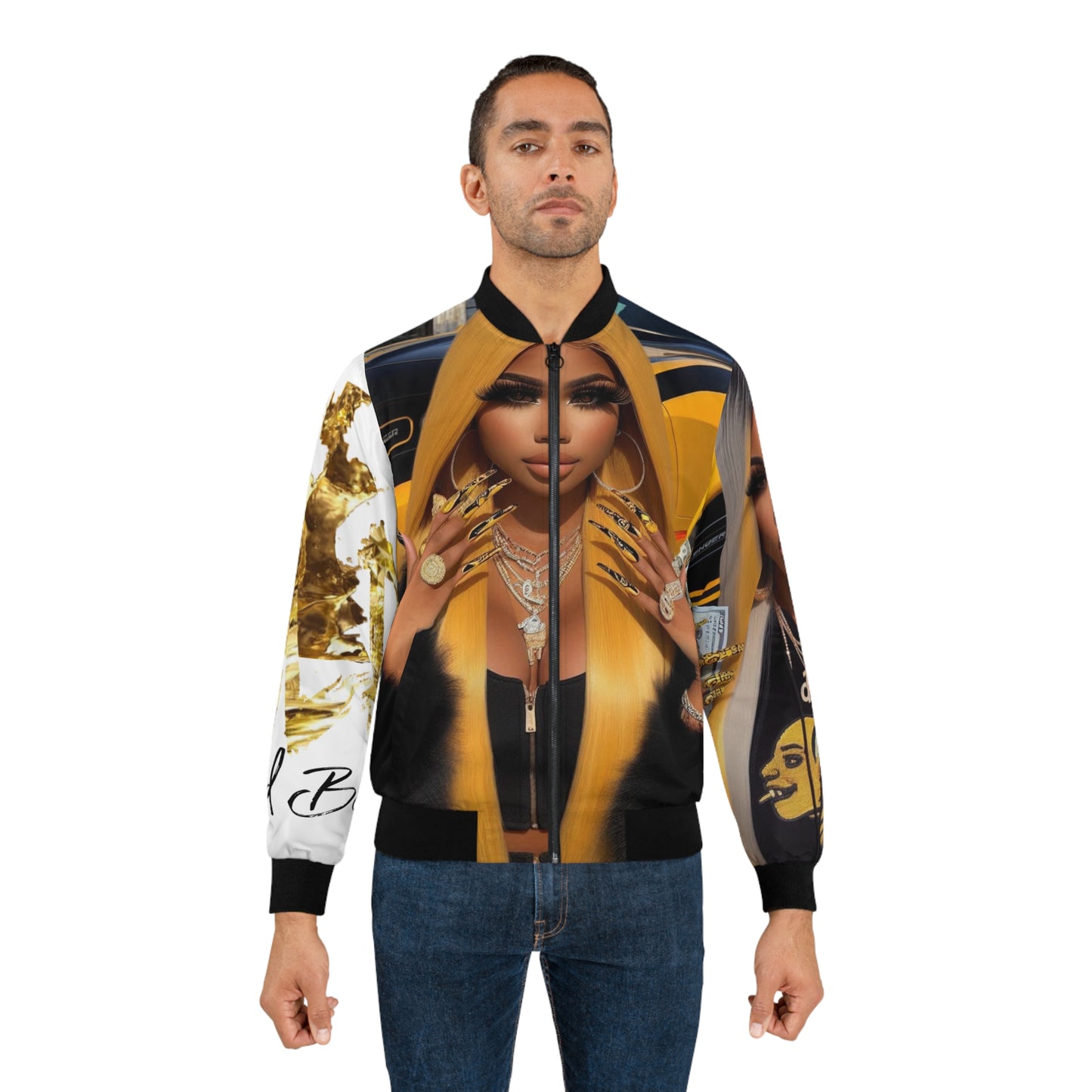 Men's Bomber Jacket (AOP) black and gold